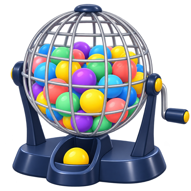 A colourful toy bingo machine filled with balls